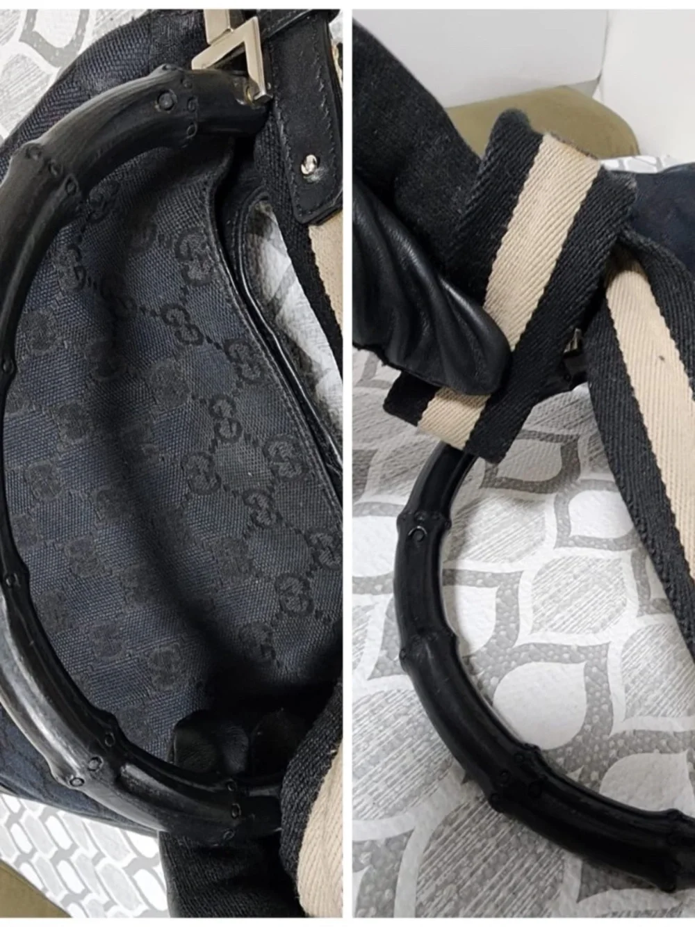 Authentic Gucci Vintage GG Canvas Bamboo Satchel Bag Black